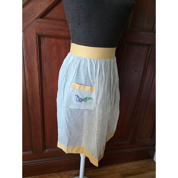 Vintage Sheer White Apron With Yellow Trim & Embroidered Eggplant Pocket - Picture 1 of 5